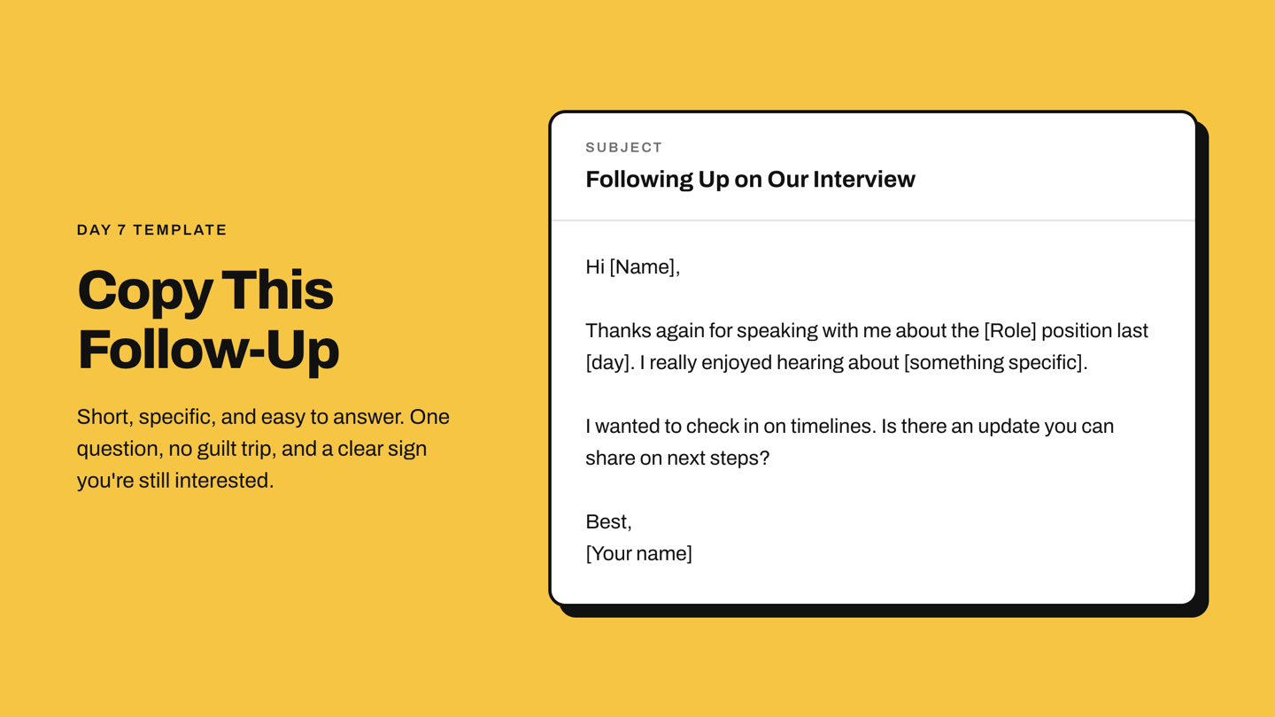 Day 7 follow-up email template with the subject line Following Up on Our Interview.